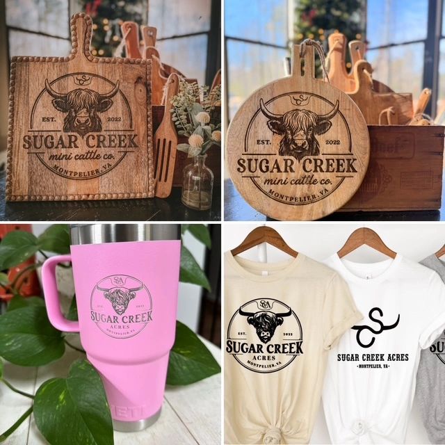Sugar Creek engraved wood items, pink cup, and branded shirts